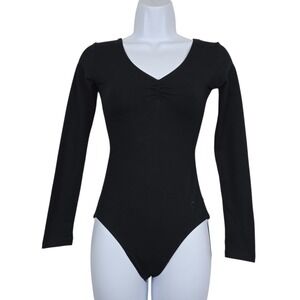 Sansha Womens Simone Black Long Sleeve V-Neck Ruched Ballet Leotard Size 4 NWT